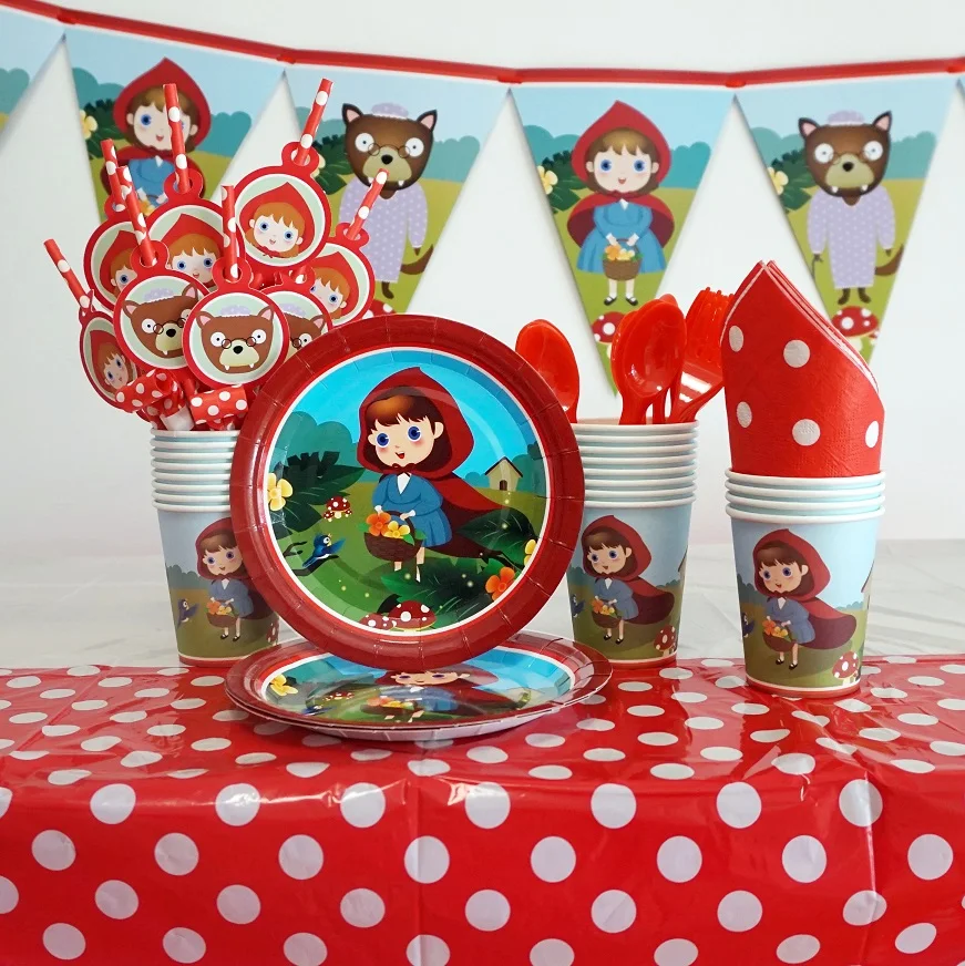 Capota de montar roja, tema de cuento de hadas, fiesta para niños, suministros de fiesta de cumpleaños para niña, vajilla desechable, globo