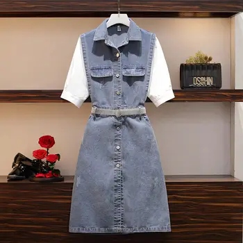 

Plus Size Women's Denim Shirt Dress Women's Mid-length Slim Summer Dress Fashion Patchwork Short Sleeve Jeans Vestidos K112