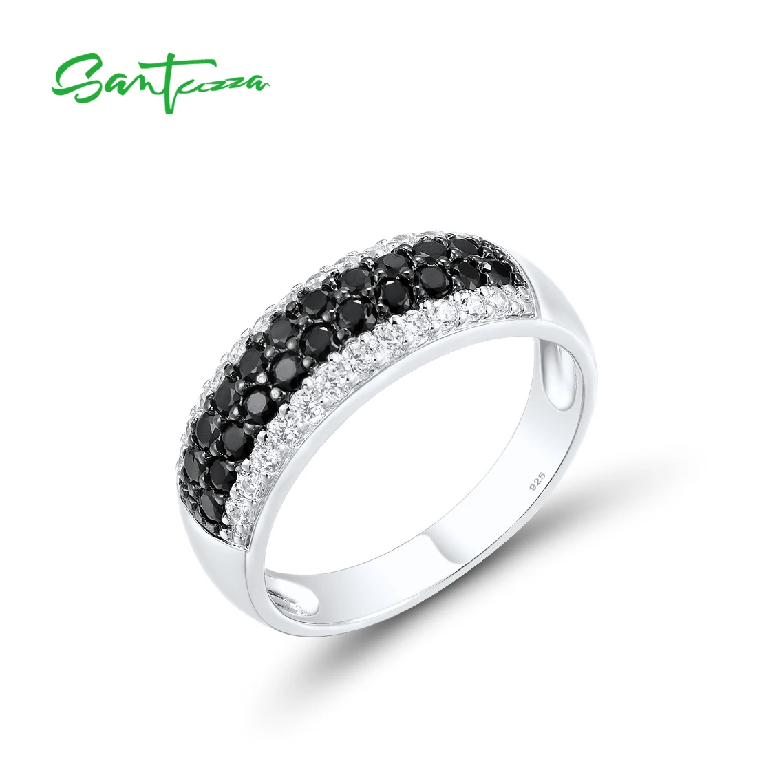 

SANTUZZA Genuine 925 Sterling Silver Rings For Women Sparkling Black Spinel White Cubic Zirconia Band Ring Concise Fine Jewelry
