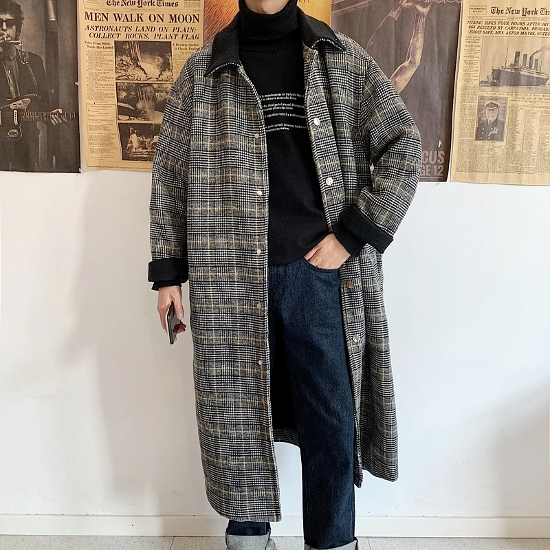 Winter Thick Plaid Woolen Coat Men's Fashion Casual Retro Woolen Jacket Men Streetwear Wild Loose Long Woolen Overcoat Mens Winter Thick Plaid Woolen Coat Men's Fashion Casual Retro Woolen Jacket Men Streetwear Wild Loose Long Woolen Overcoat Mens
