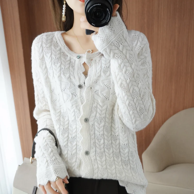 

2021 Autumn and Winter New Cashmere Sweater Women O-Neck Cardigan Casual Knit Top 100% Pure Wool Women's Jacket Keeps Warm