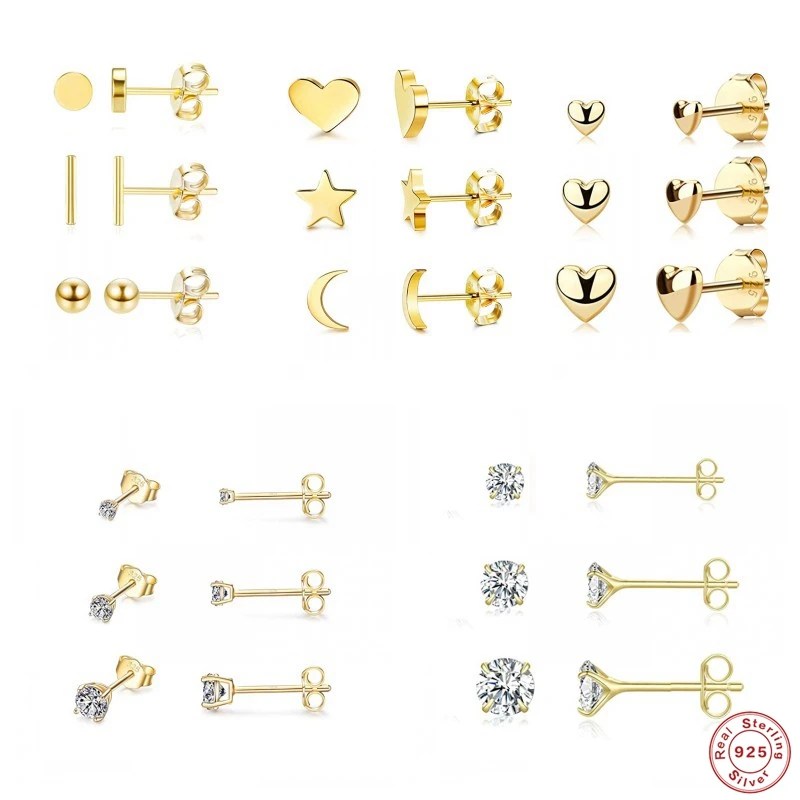 3 unids/set pendientes S925 de plata esterlina Luna estrella amor pendiente pequeño para damas mujeres Zircon pendientes de botón pendientes plata 925 joyería
