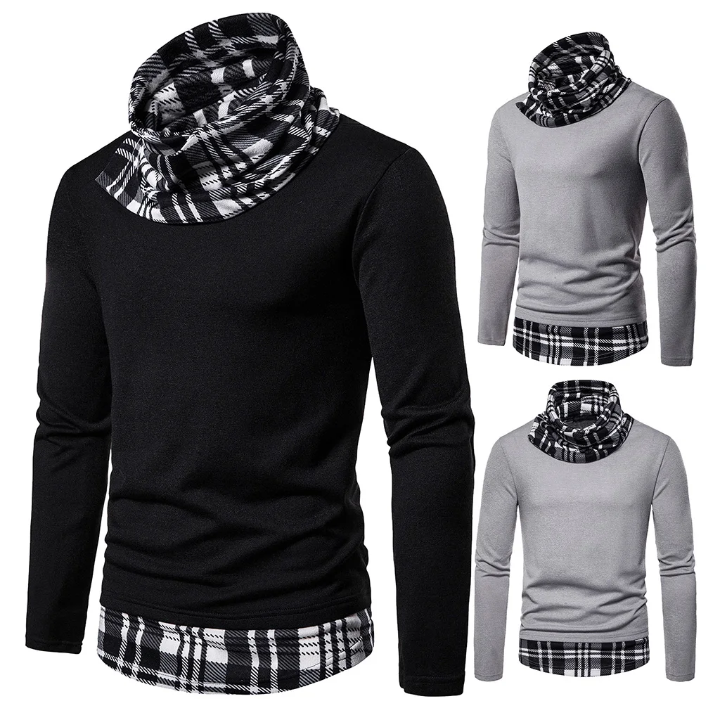 

Fake Two Pieces Knitwears Pullovers Men's Knitted Turtleneck Sweater Casual Male Fashion Autumn Black And White Checked Sweaters