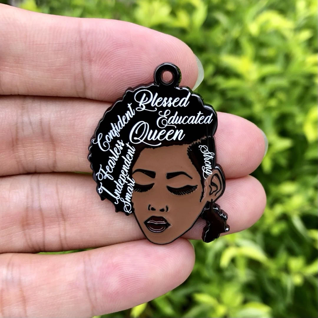5 PCS Afro Woman Black Girl Charms Enamel Pendant DIY Jewelry Making