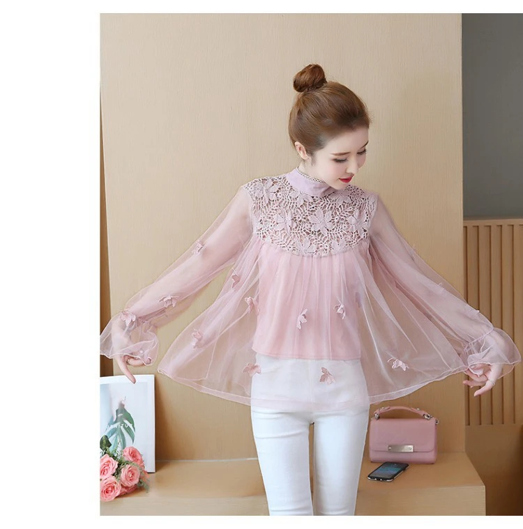 Young Gee кружевная блузка лето весна женская рубашка Марля Стенд Collor 3D цветок женские блузки офисные рубашки Blusa Розовый Черный Топы