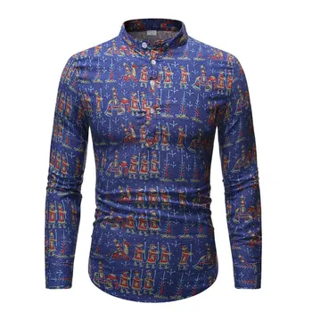 

Mens Ethnic Printing Hawaiian Shirt Fashion Autumn Long Sleeve Turn Down Collar Mens Casual Cotton Linen Blouse Meskie Topy