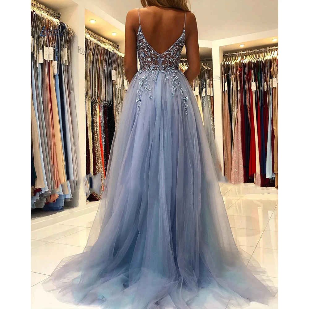Luxury V Neck A Line Prom Dress Illusion Tulle Backless Beaded Robes De Cocktail Evening Gowns High Split Skirt Formal Dresses yellow prom dresses