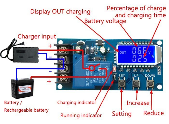 DC 6-60 в 30A контроль зарядки аккумулятора модуль защиты платы зарядное устройство переключатель времени ЖК-дисплей XY-L30A