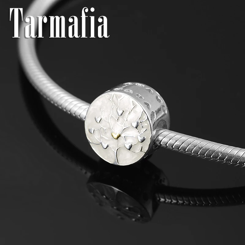 

New 925 Sterling Silver White Enamel Heart Leaf Tree of Love Round Fine Beads Fit Original Pandora Charm Bracelet Jewelry Making