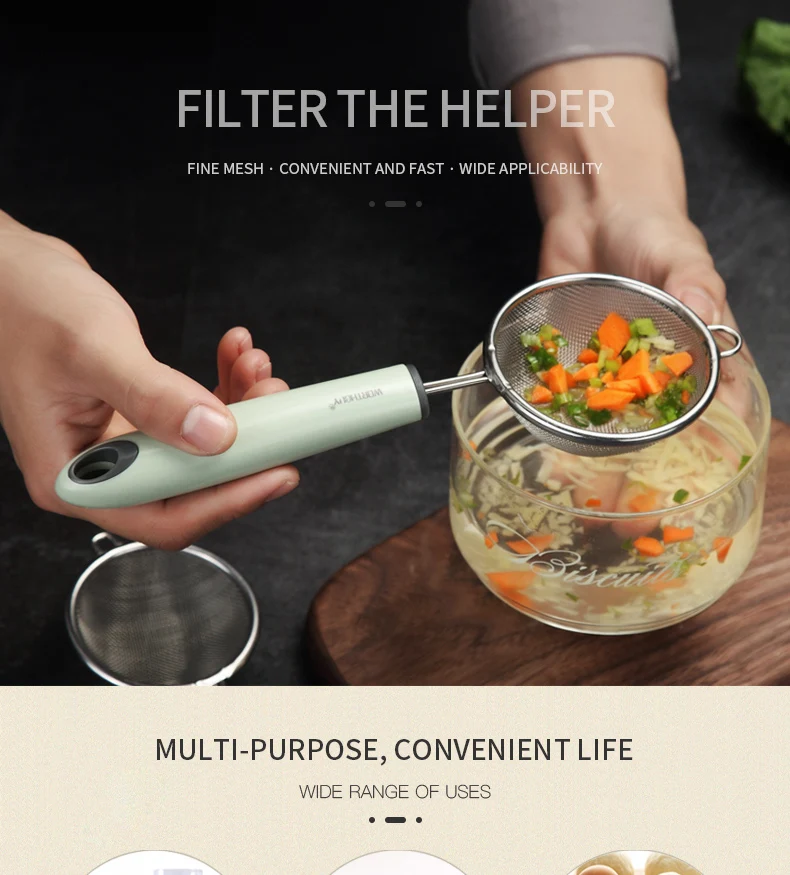 2 Size 304 Stainless Steel Flour Sieve Vegetables Residue Strainer With Plastic Handle Oil Filter Spoon