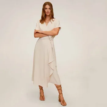 

Za 2020 Summer Elegant Maxi Dress Women Vintage Solid Color Long Dress Wrap Casual V-Neck Split Sexy Pleated Dress Robe Femme