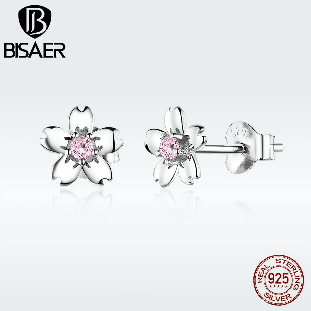 Серьги с цветами BISAER 925 пробы серебро маленькие вишневые цветы серьги-гвоздики