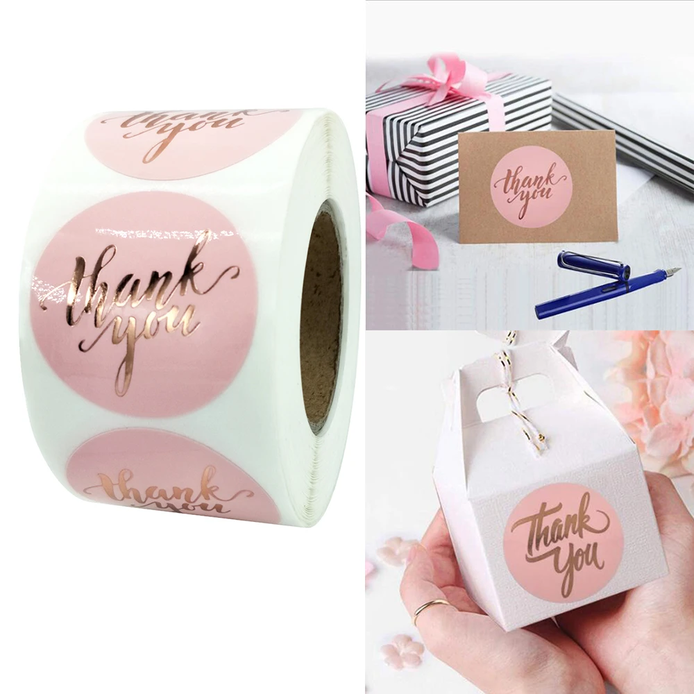 

3.8cm 500pcs/roll Cute Pink Gold Thank You Stickers Envelope Sealing Decoration Label Stationery Sticker