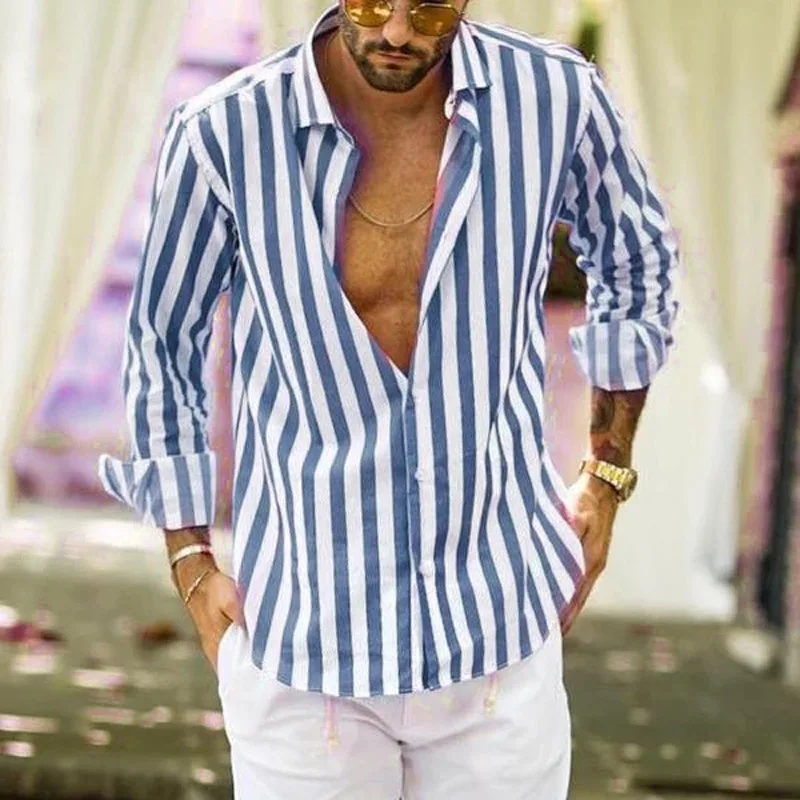 

2019 Men Fashio Vertical Striped Slim Fit Long Sleeve Casual Button Down Dress Shirts