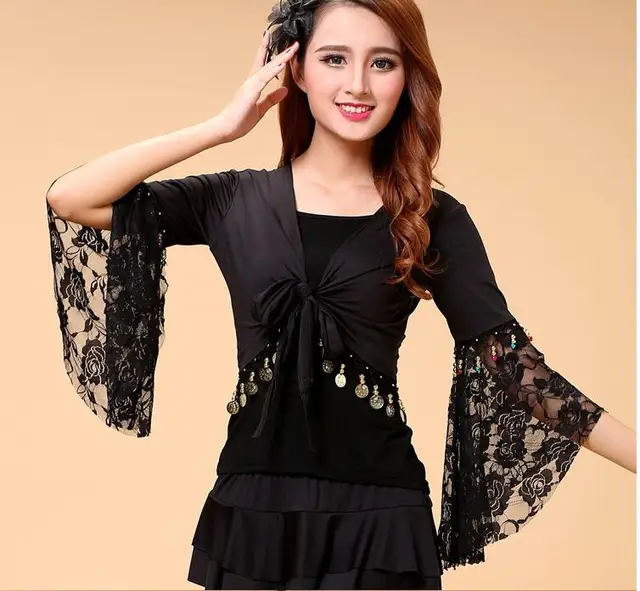 belly dance top women deep v-neck flare sleeve top girls belly dance sexy lace top Black