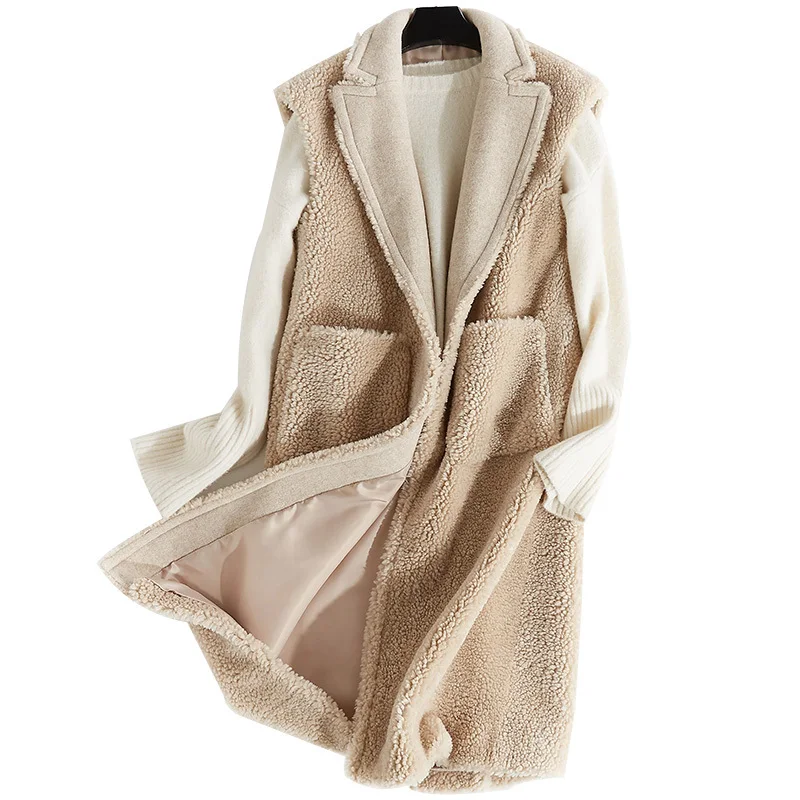

2020 New Sheep Shearing Leather And Fur Overcoat Woman Vest Long Fund Self-cultivation Wool Loose Coat