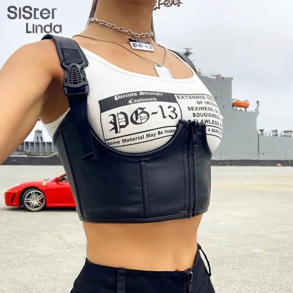 Sisterlinda, летние, Лоскутные, базовые, в стиле панк, сексуальные, кроп-топы, для женщин, безрукавка, дикая, повседневная, кожаная, Camisole Mujer, тянущиеся, тонкие футболки, жилет