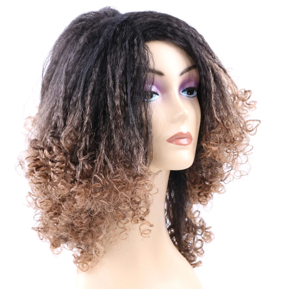 

12" Ombre Black and Light Brown Kinky Straight Fades to Kinky Curly Middle Part Yaki Synthetic Wigs for Balck Women