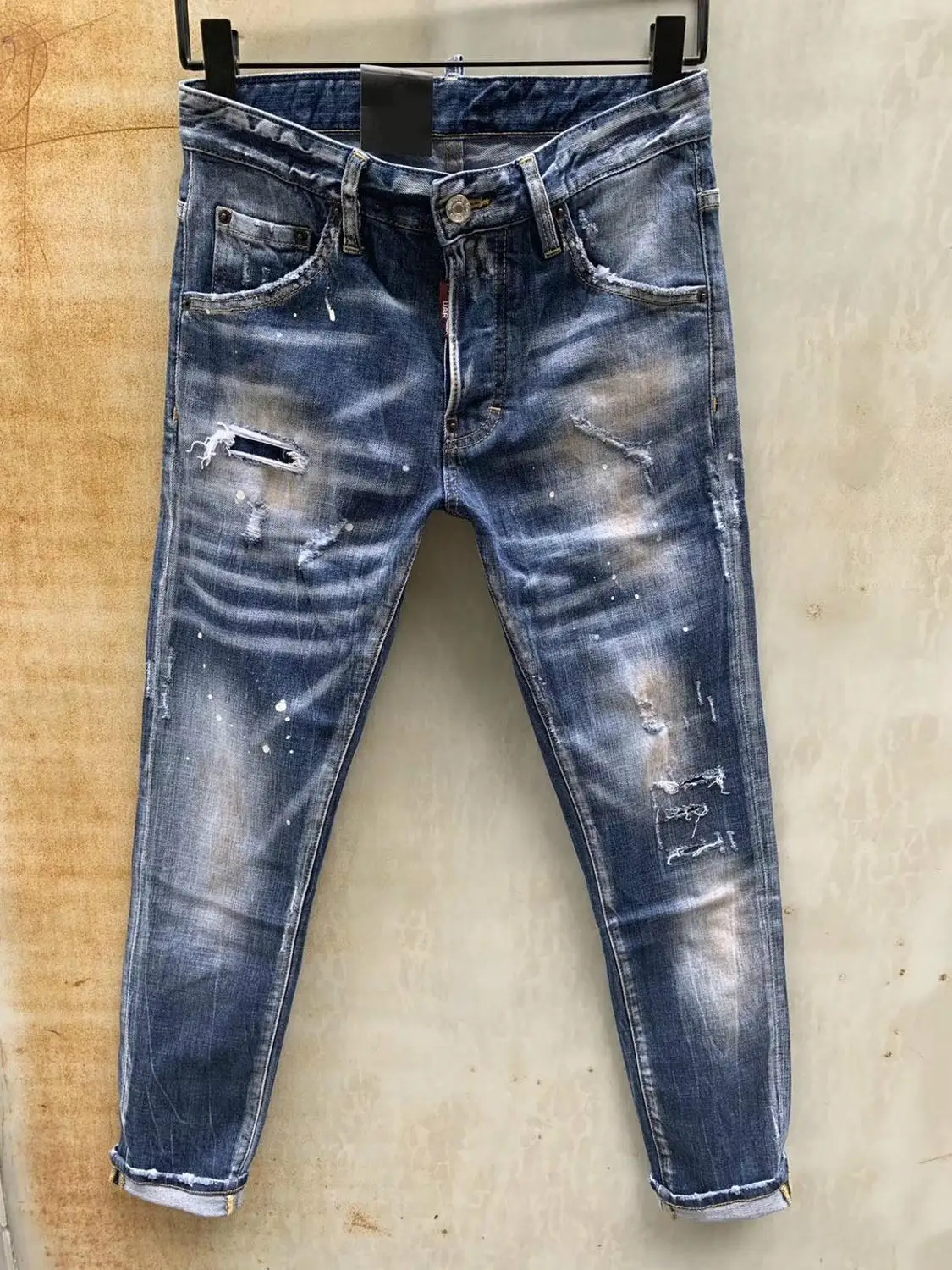 

Men Stretchy Ripped Skinny Biker Embroidery Print Jeans Destroyed Hole Taped Slim Fit Denim Scratched High Quality Jean #685