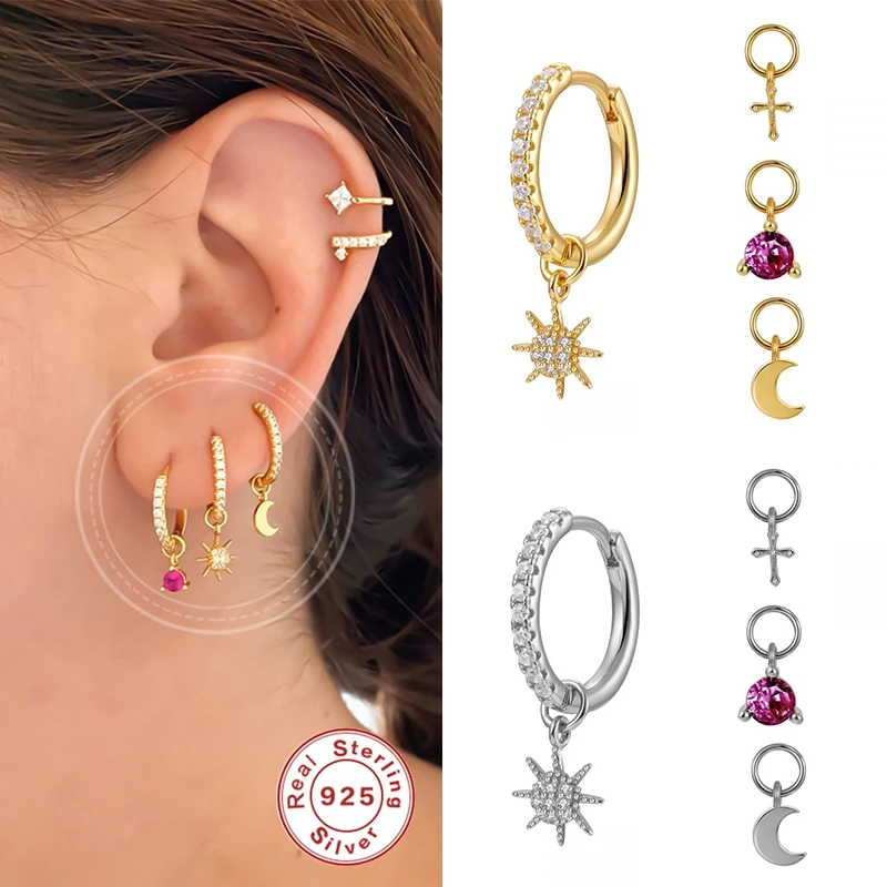 Pendientes minimalistas de dos aros + cuatro pendientes pequeños de luna/estrella/Cruz/Cuentas, pendientes de plata de ley 925 para mujer, joyería fina