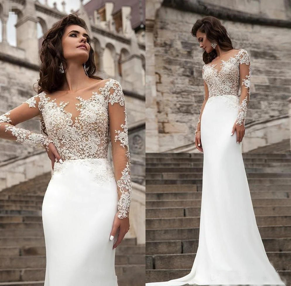 

Illusion Long Sleeves scoop Chiffon And Tulle Sheath Dropped Full-Length Court Train Beading Appliques Perfect Handworks Wedding