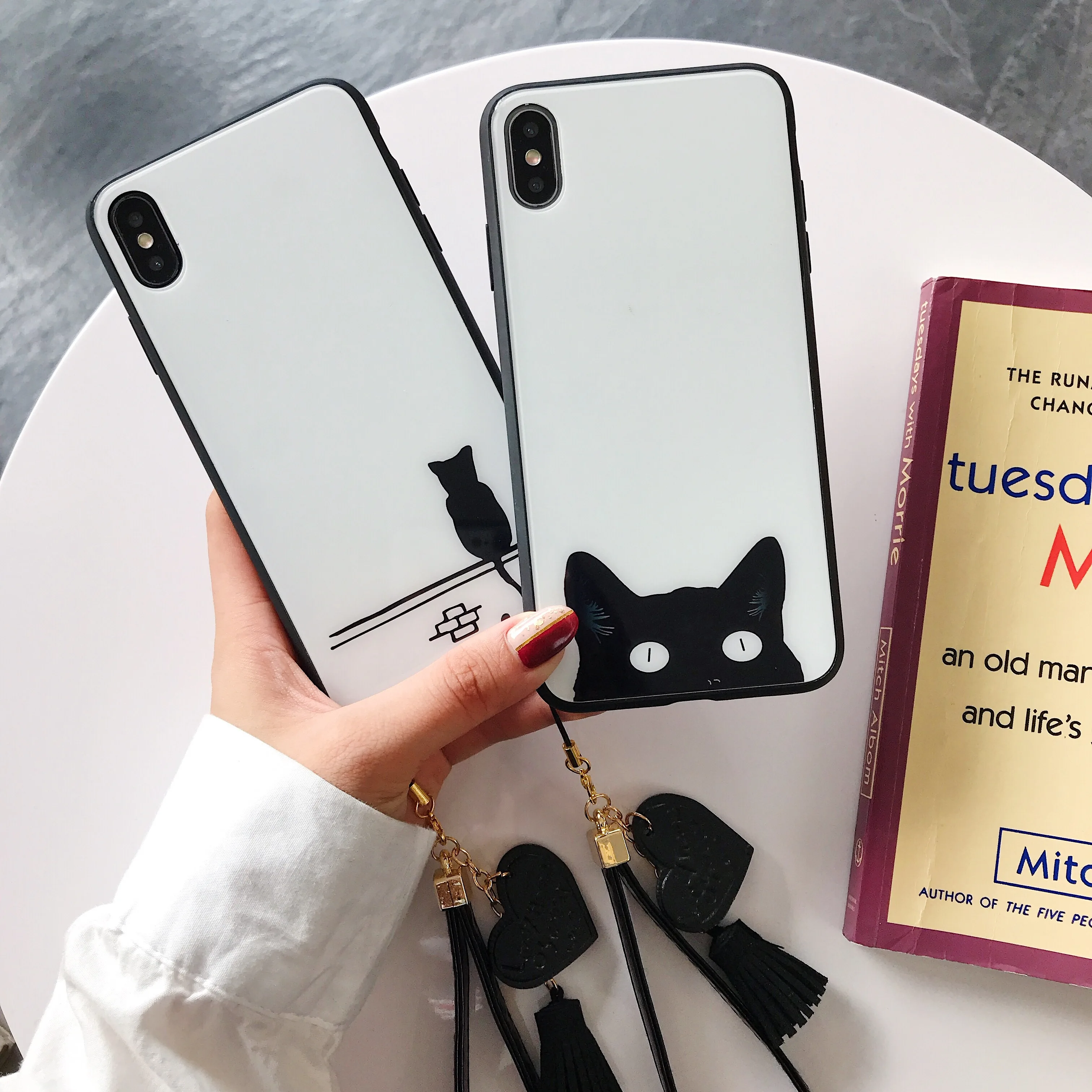 

Abmos Cartoon back view cat Phone Case For iPhone 11 Pro Max X Xs Max XR 6 6S 7 8 Plus Black and white lanyard phone case
