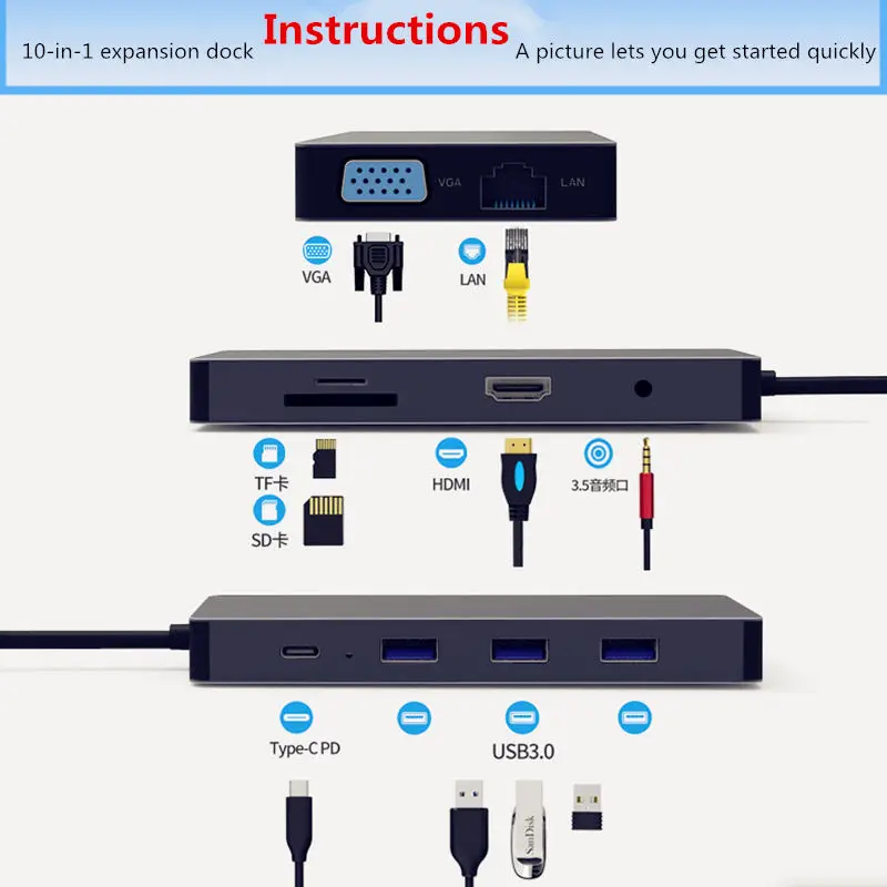 USB HUB-c expansion dock USB3.0 SD TF HDMI VGA 3.5mm audio Ethernet interface for huawei xiaomi Mac