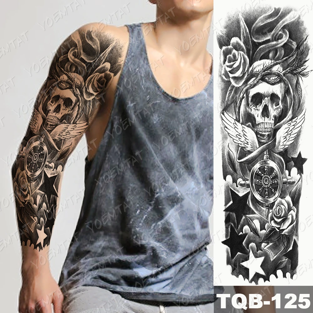 Large Arm Sleeve Tattoo Skull Wings Star Waterproof Temporary Tatto Sticker Rose Angel Body Art Full Fake Tatoo Women Men Temporary Tattoos Aliexpress