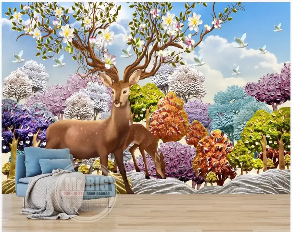 

WDBH Custom photo mural 3d wallpaper Embossed dreamy forest deer background home decor 3d wall murals wallpaper for living room