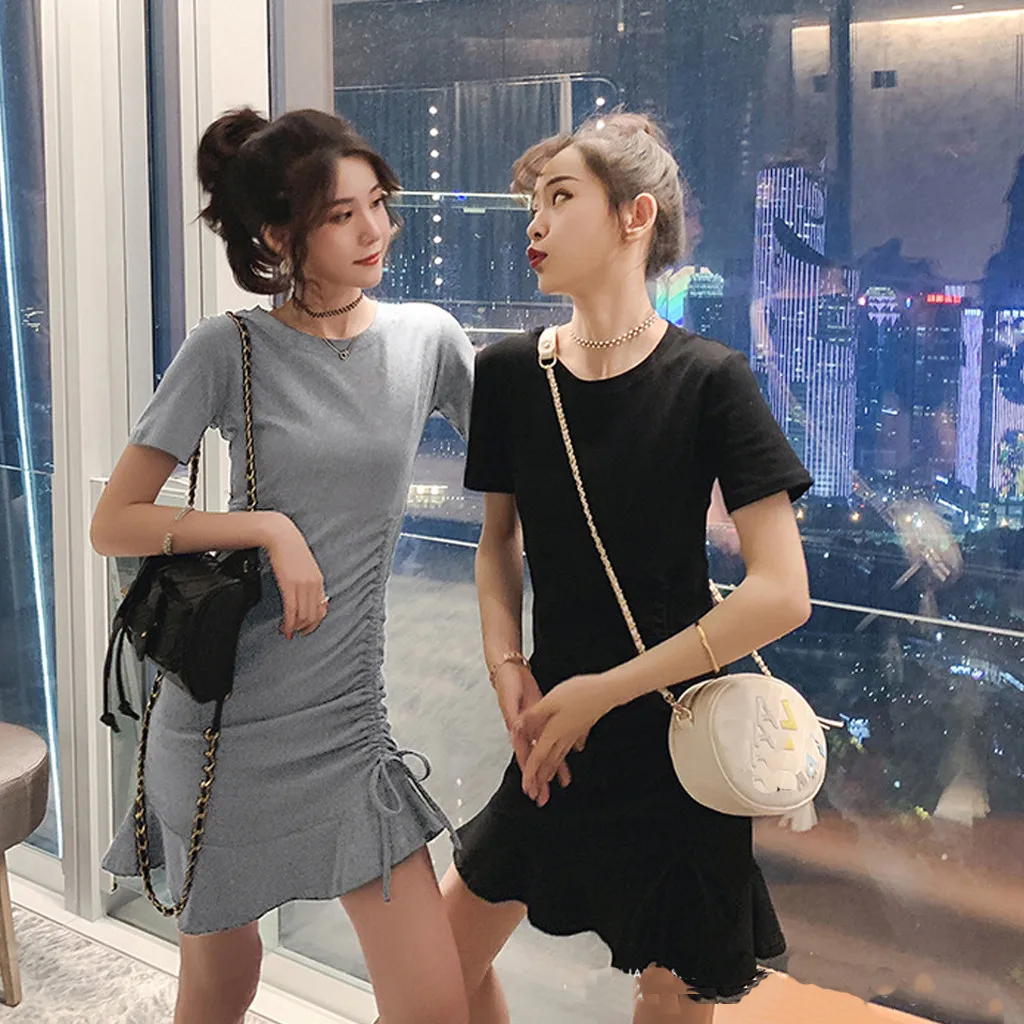 Jaycosin Fashion Summer Casual O-Neck Short Sleeve Elegant Women Summer Long Dress Ladies Slim Thin Solid Ruffles Knee Dress 319