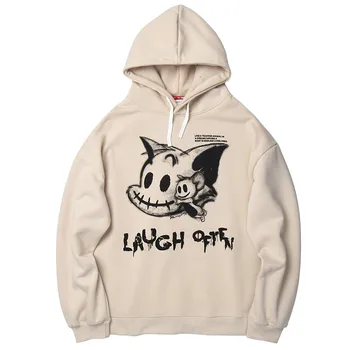 

Hoodies Men Funny Cat Cartoon Print Hooded Thick Pullover Harajuku Simple Fleece Cute All-match High Street Sweatshirt