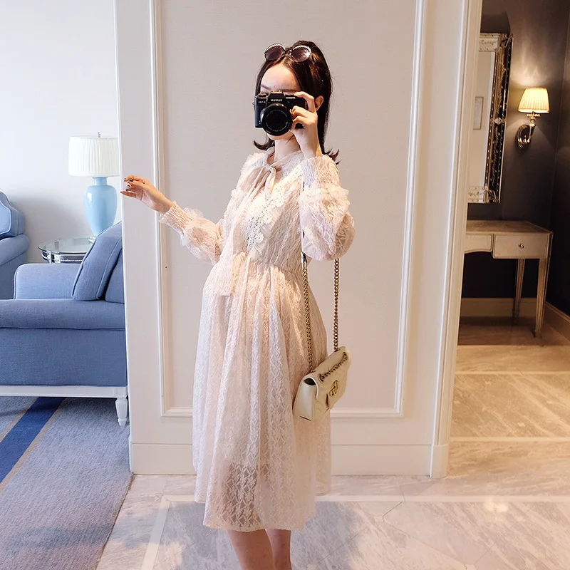 

2019 Spring-Style New Style Maternity Clothes Korean-style Fashion Mom Mid-length Lace Dress