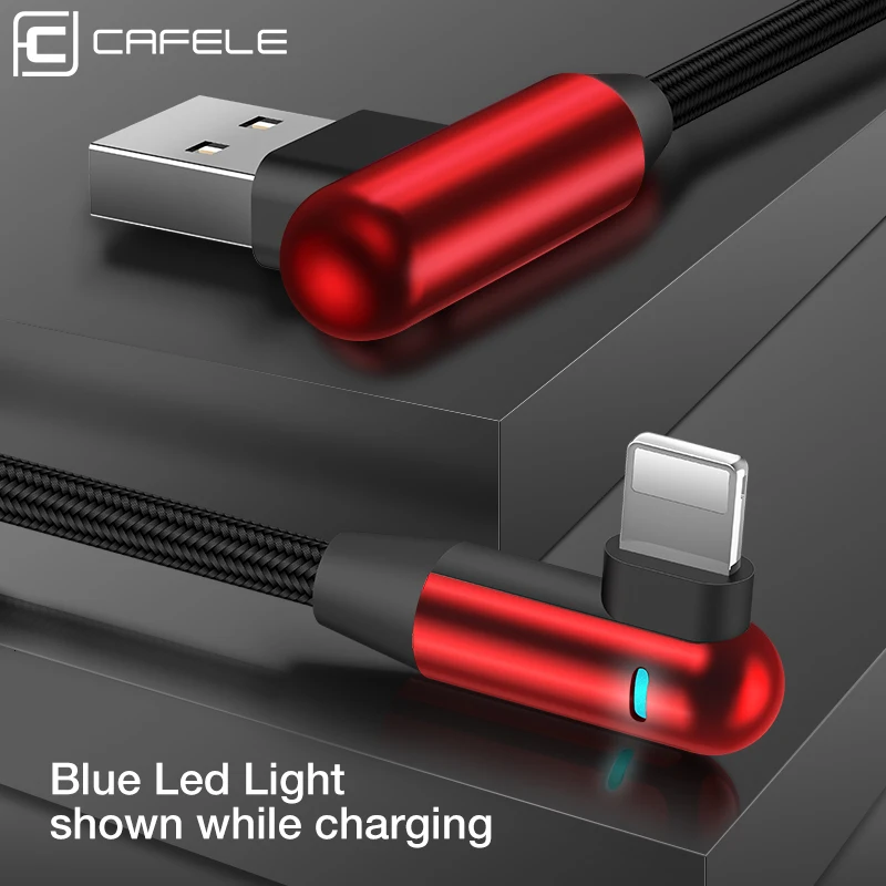 Светодиодный usb-кабель Cafele 90 градусов для iPhone 11 pro X Xr Xs Max 8 7 6s Plus, зарядное устройство, мобильные игровые usb-кабели для iPhone XR