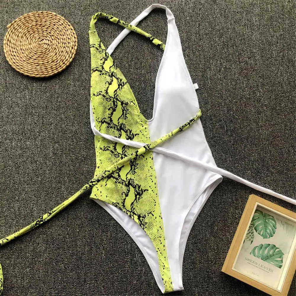 Пикантные "сделай сам" с длинным ремешком Обёрточная бумага вокруг Для женщин Плавание одежда Одна деталь Плавание костюм женский купальник с леопардовым принтом ванный комплект Плавание леди V852P - Цвет: V875 Green Print