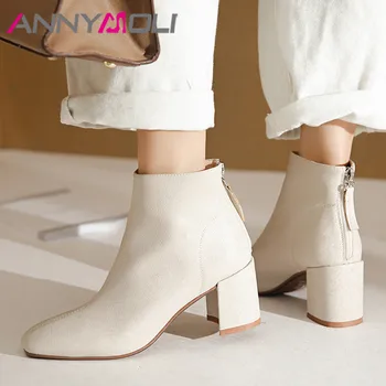 

ANNYMOLI Women Boots Winter Ankle Boots Zipper Chunky High Heels Short Boots Fashion Square Toe Shoes Ladies New Autumn Size 39