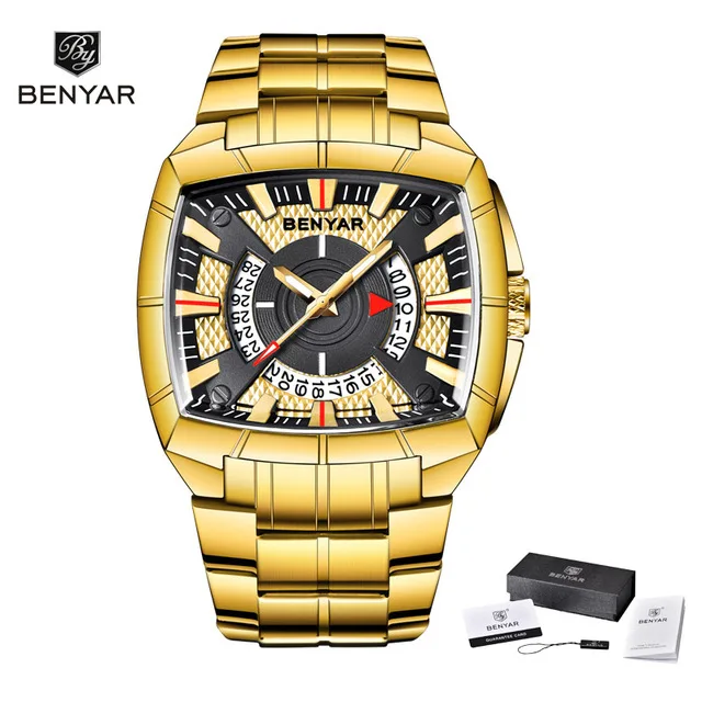 Gold with box BENYAR мужские часы Бизнес Золотой нержавеющей стали Мужские кварцевые часы модные креативные спортивные водонепроницаемые часы наручные часы - Цвет: Gold with box