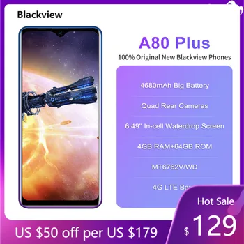 Перейти на Алиэкспресс и купить Blackview A80 плюс 4 Гб Оперативная память 64 Гб Встроенная память MT6762D Octa Core Android 10,0 смартфон 13MP Quad Камера 4680 мА/ч, 4G, NFC 6,49 ''мобильный телефон