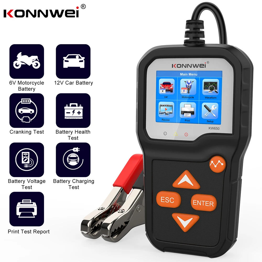 KONNWEI KW650 тест er для автомобильного аккумулятора анализатор 6 в/12 в 100 до 2000 CCA на