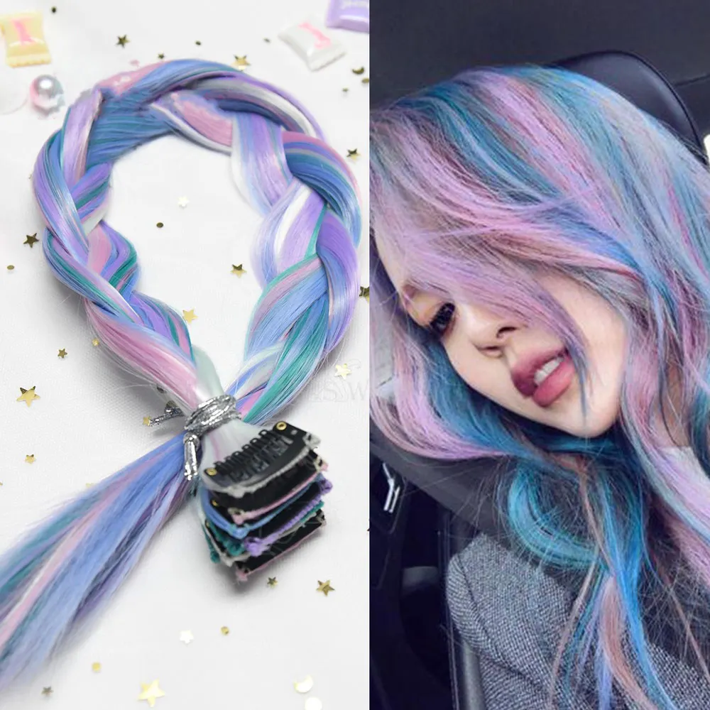 AIYEE Hair Extensions Pure RainBow Hairpiece Clip In Hair Piece Synthetic Long Straight Ombre Pink Red Rainbow Piece hair extensions