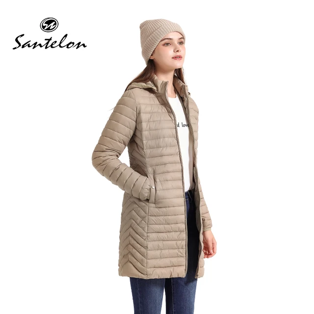 SANTELON-Parka larga y cálida con capucha para mujer, ropa de algodón acolchada para exteriores, prendas de vestir portátiles ultraligeras con bolsa, Invierno