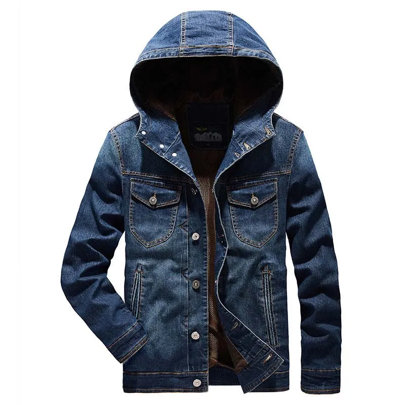 Men Cargo Casual Hooded Denim Jackets Multi Pockets Solid Color Jackets Coats For Male Size M-5XL Blue (5)