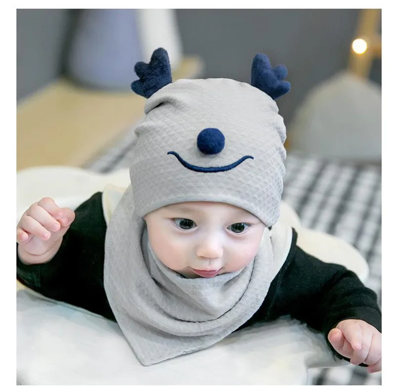 PUDCOCO Cute Baby Toddler Spring Autumn Cartoon Antlers Beanie Hat Hooded Triangle Scarf Knitted Cap Kids 0-8M