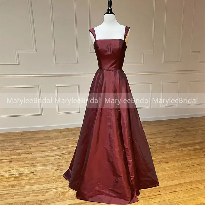 Simply A-line Prom Dress With Straps Bordeaux Red Taffeta Evening Party Gowns Beaded Crisscross Hollow Back Girls Long Gown | Свадьбы и