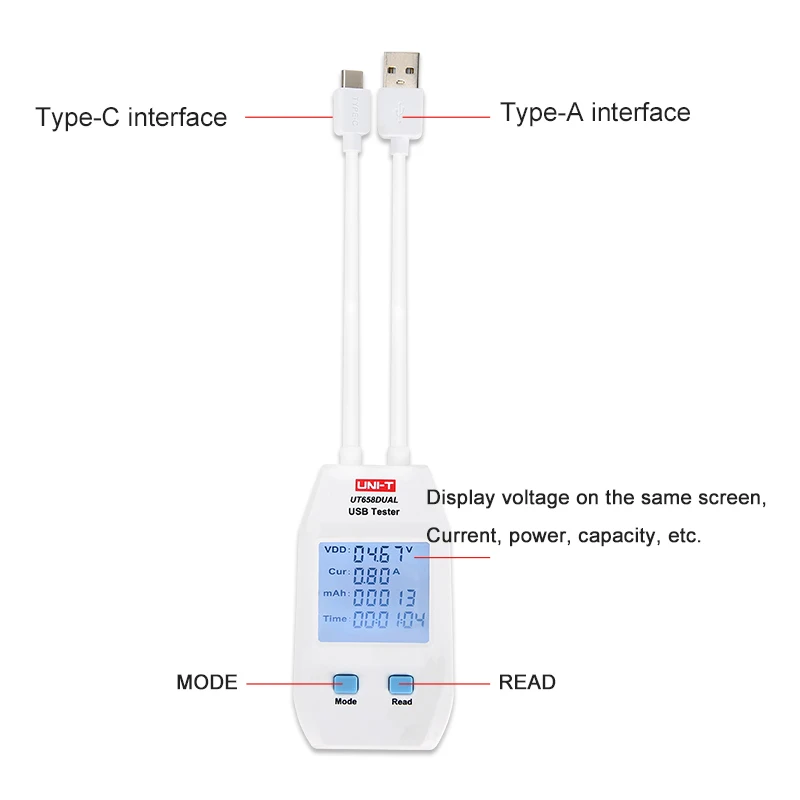 USB тестер UT658A/C/с мониторами с двойным напряжением и током цифровой измеритель