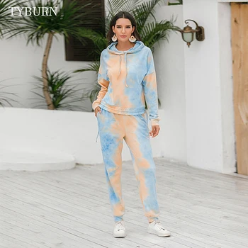 

TYBURN Casual Tracksuit Women Two Piece Set Women Female Hooded Sweatshirt and Pants Sportwear Set Hoodies Clothes Long Print