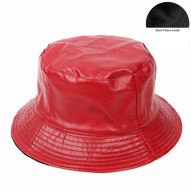Модные шапки из искусственной кожи, теплые зимние шапки с флисовой подкладкой, женские шапки на плоской подошве, черные, синие, красные, коричневые, розовые, 5 цветов на выбор - Цвет: Красный