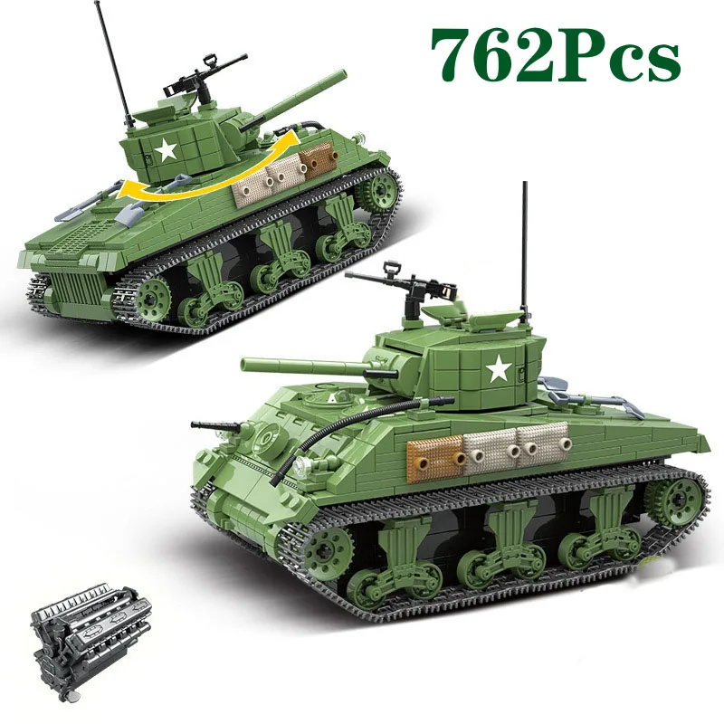 

762Pcs Military Series World War WW2 US M4 Sherman Medium Tank Model Building Blocks Bricks Toy For Children Christmas Gifts