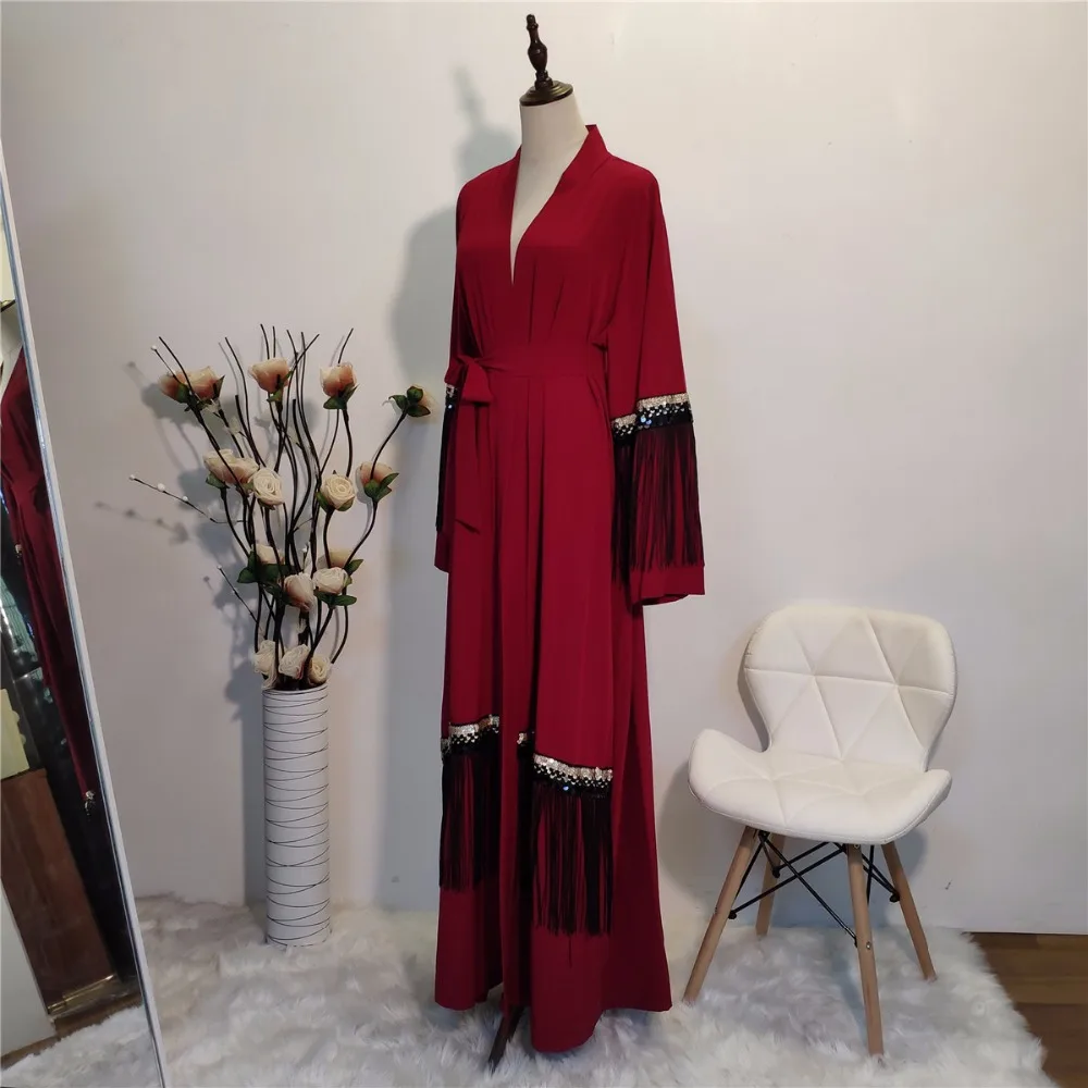 Elegant Muslim Tassels Abaya Maxi Dress Cardigan Long Robe Gowns Kimono Jubah Ramadan Arab Dubai Caftan Islamic Prayer Clothing