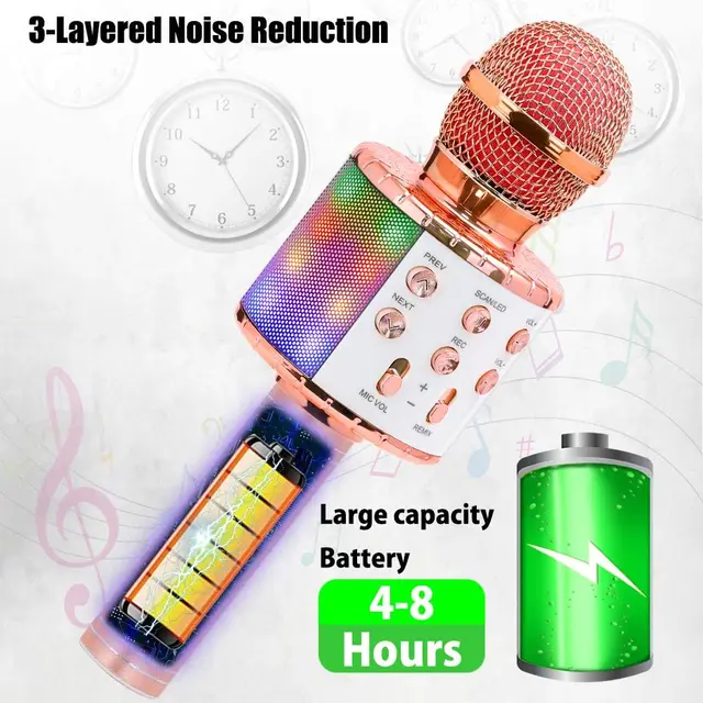 Wireless Bluetooth Karaoke Microphone, 3-in-1 portable handheld karaoke player multi-function LED light 5