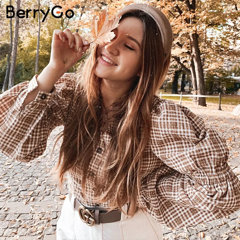 BerryGo Vintage клетчатая рубашка женская sexy блузка спинка зашнуровать женский топ